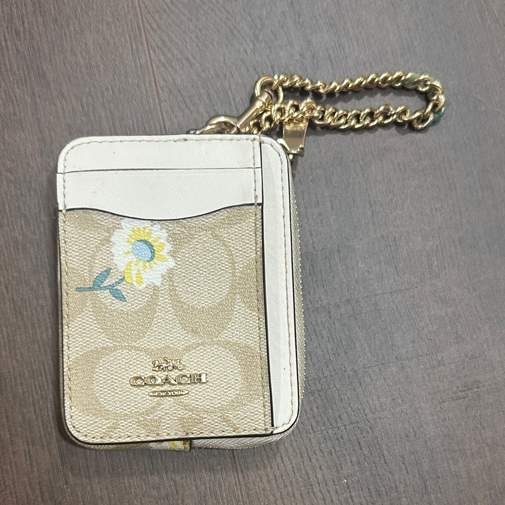 Coach Beige and White Floral Card Holder with Gold Chain wristlet